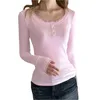 Magliette da donna Top a manica lunga da donna con finiture in pizzo Camicia Henley di base Pullover casual per abiti estetici streetwear club autunnali