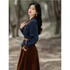 TwoPiece Matching Sets for Women Velvet Skirt and Denim Coats Cropped Top Suit Casual Outfits Fall 240202