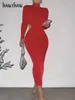 Sukienki swobodne Hawthaw Women 2024 Wiosna jesień mody Bodycon Bodycon Backcon Backon Streetwear Red Midi Dress Hurtowe przedmioty do biznesu