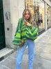 Women Green Striped Crochet Knitted Cardigan Casual Loose Lantern Sleeve Oversize Sweater Autumn Fashion Chic Ladies Streetwear 240123