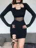 Lässige Kleider Darlingaga Asymmetrische Mode Bodycon Neckholder Schwarzes Kleid Mini Gothic Lace Up Mesh Spliced Club Sexy Damen Robe