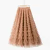 Cake Princess Long Tulle Skirt Women Spring Summer Elastic High Waist Layer Cake Fresh Sweet Coffee Skirts Female 240202