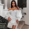 Casual Dresses Sexy Elegant Off Shoulder Ruched Sheath Dress Women Long Sleeve v Neck Solid Ruffle Bodycon Mini Evening Party