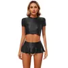 Bras sätter kvinnor Solid Short Sleeve Crop Top Round Neck Exotic Tanks med låg stigning Ruffled Miniskirt Sexig underkläder Swim Beach Wear