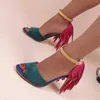 Sandálias moda verão mulheres salto alto colorblock peixe boca borla fivela estilo casual dois cinta de borracha