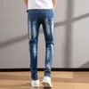 Men's slimming elastic denim pants embroidery blue jeans white washed casual jeans scratches black jeans pants men 240131