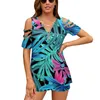 Kvinnors T-skjortor Tropiska neonblomma mönster t-shirt Sommar modetryck blommig v-ringsedragare tshirt ihålig pullover