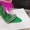 Stiletto Sandals Heels Green Women Rhinestone Belt Cross Ankle Summer Shoes for Size 41 High Sandalias Mujere 9924