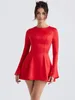 Casual Dresses Karlofea Vintage Runway Party Elegant Long Sleeve Fall Winter Basic Going Out Clothes For Women 2024 A Line Red Dress