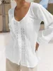 Women's Blouses 2024 Women Celmia Cotton Shirts Summer Buttons Pleats White Casual Breathable Hollow Lace Tunic Elegant Lady O-neck Tops