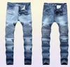 Men039S veckade Biker Jeans Pants Slim Fit Brand Designer Motocycle Denim Trousers For Man Straight Washed Multi Zipper X06213457225