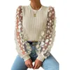 Kadın bluzları Kadın Gömleği Görüşme See-Through Frow Flower Aplike Uzun Kollu Bluz Kazak Yumuşak Patchwork Twist Doku ve Gidiş Top