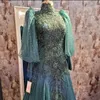 Blackish Green High Neck Dresses 2024 Crystal Beading Lace Tull Long Sleeved Evening Gowns Vestidos De Noche