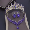 Luxus Lila Kristall Sets Brautschmuck für Frauen Krone Ohrring Halskette Hochzeit Tiaras Braut Dubai 240202