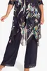 Women's Plus Size Matching Set Mother Of The Bride Black Chiffon Floral Print Irregular Hem Casual Summer Three Piece Pant Suit 240122