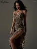 Casual Dresses Hugcitar Leopard Print Swing Collar Sleeveless Sexig Maxi Slit Prom Dress Women Fashion Streetwear 2024 Party Holiday Outfits