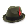 Berets Vintage Pork Pie Hat Mens Rolled Brim Felt Fedora With Feather Gentleman Church Cap Trilby Jazz Hats