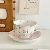 Französisches rosa Kaninchen-Druck-Vintage-Kaffeetasse- und Untertassen-Set aus Keramik, süßer Mädchen-Nachmittagstee, dunkel 240129