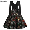 Casual Dresses 2024 Robe Women Christmas Party Dress Long Sleeve V Neck Santa Claus Printed Black Patchwork Pinup Vintage