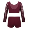 Abbigliamento da palcoscenico Costume da ginnastica per bambina Costume da bagno per balletto Top corto con pantaloncini da ballo Set Completo da ballo in due pezzi Top in pizzo per performance