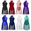 Palco desgaste mulheres sem mangas traje de dança lírica ruched chiffon retalhos collant vestido de volta com tiras dancewear para festa mostrar