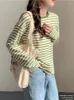 Dames T-shirts T-shirt Vrouw Korea Los Katoenen Shirt Dames 2024 Herfst Casual Top Tee Groen Zwart Gestreept T-shirt met lange mouwen Basic Winter