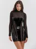 Sexy Kant Fluwelen Patchwork Mini Jurk Vrouwen Elegante Stand Kraag Lange Mouw Bodycon Jurk Dame Chic See Through Party Gewaad 240129