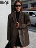 Bkqu vintage marrom couro solto blazer casaco feminino casual preto manga longa aleta bolsos terno jaqueta oversized streetwear 240202