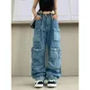 Multibolso azul lavado calças de brim carga y2k retro streetwear moda cintura alta jeans casal harajuku casual calças largas perna 240119