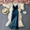 Abiti casual OCEANLOVE Evevning Party For Women 2024 Velluto Vintage Solid Scollo a V Abito sexy Femme A-line Autunno Inverno Abiti