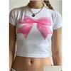 Women'S T-Shirt Womens T Shirts Women S Crop Tops Cute Tight Fitted Round Neck Short Sleeve Bow Print T-Shirts For Summer Drop Deliv Dh1Jz