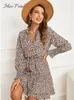 Lässige Kleider Miss Petal Brown Leopard Minikleid für Frau Sexy Split Neck Langarm Party 2024 Frühling Herbst Weibliche Sommerkleid