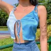 Women's Tanks Casual Bandage Patchwork Sling Top Summer Clothes For Women Sexy Blue Crop Tops Fashion Satin V-neck Sleeveless Short Tank