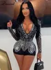 Znaiml Luxury Sequin Rhinestone Rompers Womens Long Sleeve Black Short Jumpsuit Overalls Night Club Birthday Outifts 240130
