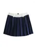 Skirts YENKYE Contrast Color Navy Blue Pleated Mini Skirt Women Vintage High Waist Preppy Style Summer