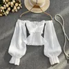 Women's Blouses Girl Sexy One-shoulder Off-the-shoulder Edge Bubble Long-sleeved Slim Fit Short Top