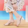 Comemore Crystal Clear Transparent Heel Slippers Female Shoes Middle Heels Comfortable Summer Women Fashion Mules Slides 42 240201