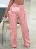 Calças femininas rosa carga para mulheres 2024 primavera perna reta sólida multi-bolso design cintura alta pu couro solto baggy streetwear