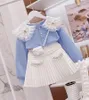 Clothing Sets Girl's Sweet Spring Fashion Set 2024 Children's Sky Blue Bow Doll Collar Thread Cuffs Top White Pleated Skirt Two Piece