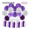 Purple White Set Round Paper Lantern Tissue Fan Pompom Tassel For Girl Boy 1st Birthday Party Favor Baby Dop Wedding Decor 240127