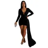 Casual Dresses 2024 Sexig fest Sequined Faring Asymmetrical High-End Young Solid Full Sleeve Deep V-Neck High midje kvinnor Kort klänning