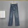 Europäische und amerikanische Modedesigner: Strapazierfähige, gestreifte Hot-Diamant-Denim-Hosen mit weitem Bein für Damen, neue hoch taillierte Distressed-Hosen mit geradem Bein