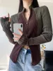Женский трикотаж QWEEK, винтажный вязаный кардиган на молнии, женский укороченный свитер в стиле ретро в стиле ретро, Эстетический повседневный топ с длинными рукавами в стиле Харадзюку