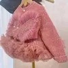 Set di abbigliamento Set da due pezzi Maglione lavorato a maglia rosa dolce da ragazza Primavera e autunno Cardigan in pizzo con giunture d'amore Abbigliamento per bambini Ragazzi