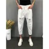 Japanska trender Mens Ripped Hole Jeans White Green Black Ankle Längd Youth Fashion Loose Denim Harem Cargo Pants 240131