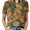 Women's T Shirts Gold Navy Blue Antique Heraldic Tapestry With Harts T-Shirt Fashion Printed Zipper V-Neck Short Sleeve