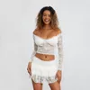 Work Dresses Women Lace Skirt Set Fairycore See Through Off Shoulder Long Sleeve Crop Tops And Mini Suit 2 Piece Outfits Streetwear