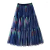 Jupes à la mode multicolore Maxi Tulle jupe pour femmes esthétique à plusieurs niveaux une ligne taille haute plissée longue maille femme P445