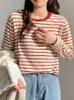 Dames T-shirts T-shirt Vrouw Korea Los Katoenen Shirt Dames 2024 Herfst Casual Top Tee Groen Zwart Gestreept T-shirt met lange mouwen Basic Winter