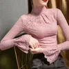 Women's T Shirts S-2XL Women Sexy Perspective Lace Shirt Paisley Flower Stretch Bell Sleeve Blouse Tops Pink Green Ladies Blouses